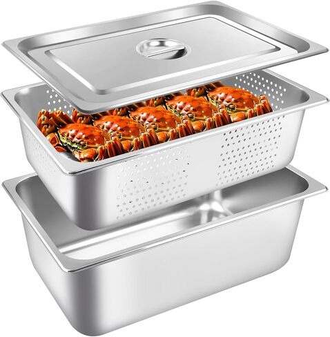3 Pack Full Size 4 Inch, 6 Inch Hotel Pan with Lid Perforated Steam Table Pan Chafing Pans Steam Table Tray Stainless Steel Restaurant Supplies for Buffets Catering Commercial Kitchen in Saudi Arabia