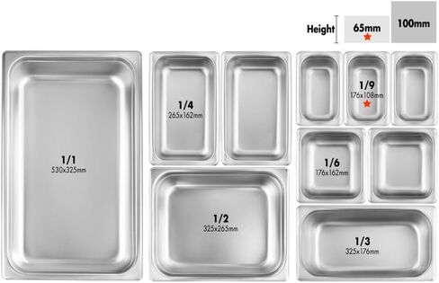 New Star Foodservice 1/9 Size Stainless Steel Steam Table Pan, 7.0 x 4.3 x 2.5 Inches, 18/8 Stainless Steel, 24 Gauge, NSF Certified (Set of 6) in Saudi Arabia