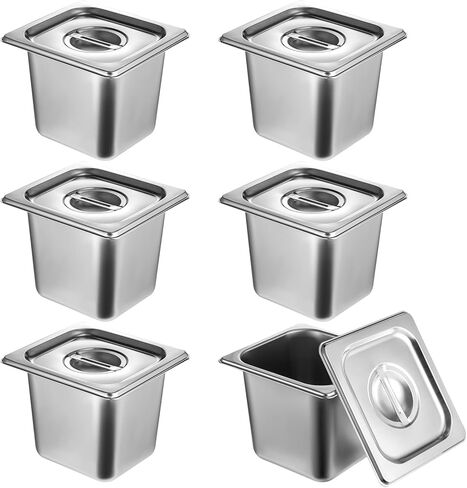 6 عبوات من مقالي الفندق المصنوعة من الفولاذ المقاوم للصدأ مع غطاء، مقاس 1/6 × مقلاة طاولة بخار عميقة مقاس 6 بوصات، حاويات تخزين الطعام التجارية بسمك 0.8 مم، مقلاة مضادة للمربى، مقلاة بخار من الفولاذ المقاوم للصدأ لبوفيه مطعم الفندق in Kuwait
