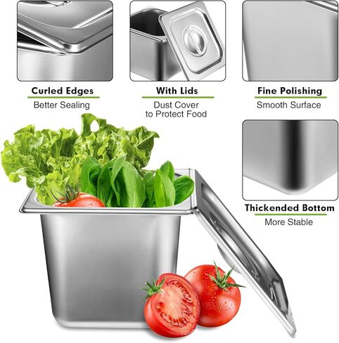 6 عبوات من مقالي الفندق المصنوعة من الفولاذ المقاوم للصدأ مع غطاء، مقاس 1/6 × مقلاة طاولة بخار عميقة مقاس 6 بوصات، حاويات تخزين الطعام التجارية بسمك 0.8 مم، مقلاة مضادة للمربى، مقلاة بخار من الفولاذ المقاوم للصدأ لبوفيه مطعم الفندق in Kuwait