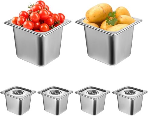 6 عبوات من مقالي الفندق المصنوعة من الفولاذ المقاوم للصدأ مع غطاء، مقاس 1/6 × مقلاة طاولة بخار عميقة مقاس 6 بوصات، حاويات تخزين الطعام التجارية بسمك 0.8 مم، مقلاة مضادة للمربى، مقلاة بخار من الفولاذ المقاوم للصدأ لبوفيه مطعم الفندق in Kuwait