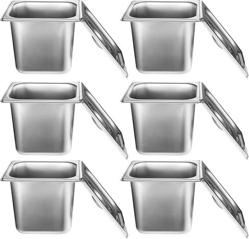 6 عبوات من مقالي الفندق المصنوعة من الفولاذ المقاوم للصدأ مع غطاء، مقاس 1/6 × مقلاة طاولة بخار عميقة مقاس 6 بوصات، حاويات تخزين الطعام التجارية بسمك 0.8 مم، مقلاة مضادة للمربى، مقلاة بخار من الفولاذ المقاوم للصدأ لبوفيه مطعم الفندق in Kuwait