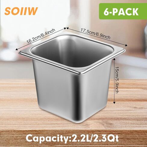 6 عبوات من مقالي الفندق المصنوعة من الفولاذ المقاوم للصدأ مع غطاء، مقاس 1/6 × مقلاة طاولة بخار عميقة مقاس 6 بوصات، حاويات تخزين الطعام التجارية بسمك 0.8 مم، مقلاة مضادة للمربى، مقلاة بخار من الفولاذ المقاوم للصدأ لبوفيه مطعم الفندق in Kuwait