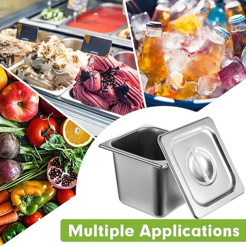 6 عبوات من مقالي الفندق المصنوعة من الفولاذ المقاوم للصدأ مع غطاء، مقاس 1/6 × مقلاة طاولة بخار عميقة مقاس 6 بوصات، حاويات تخزين الطعام التجارية بسمك 0.8 مم، مقلاة مضادة للمربى، مقلاة بخار من الفولاذ المقاوم للصدأ لبوفيه مطعم الفندق in Kuwait