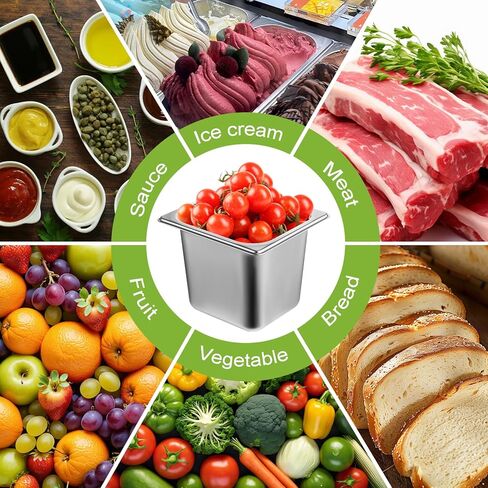 6 عبوات من مقالي الفندق المصنوعة من الفولاذ المقاوم للصدأ مع غطاء، مقاس 1/6 × مقلاة طاولة بخار عميقة مقاس 6 بوصات، حاويات تخزين الطعام التجارية بسمك 0.8 مم، مقلاة مضادة للمربى، مقلاة بخار من الفولاذ المقاوم للصدأ لبوفيه مطعم الفندق in Kuwait