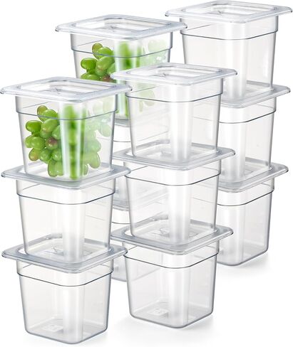 كورتا 12 عبوة 1/6 مقاس 6 بوصات وعاء طعام من البولي كربونات العميق NSF مع غطاء مسنن وصينية تصريف | حاوية شفافة آمنة للاستخدام في غسالة الأطباق والفريزر لطاولات الإعداد، والبوفيه، وبار السلطة، والمطبخ التجاري in Kuwait