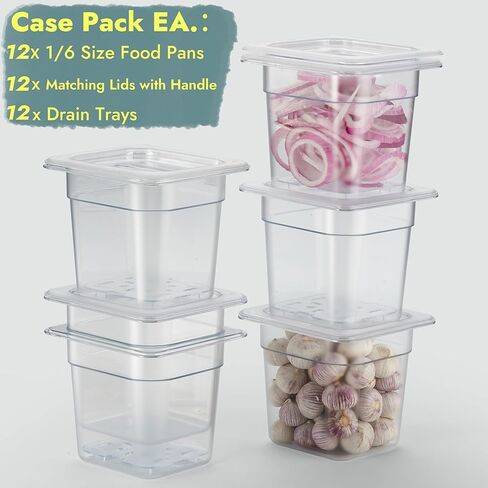 كورتا 12 عبوة 1/6 مقاس 6 بوصات وعاء طعام من البولي كربونات العميق NSF مع غطاء مسنن وصينية تصريف | حاوية شفافة آمنة للاستخدام في غسالة الأطباق والفريزر لطاولات الإعداد، والبوفيه، وبار السلطة، والمطبخ التجاري in Kuwait