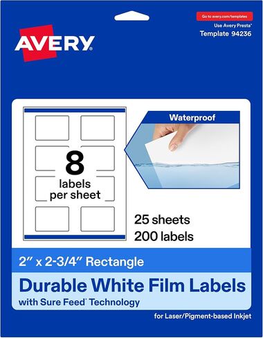 Avery Durable Waterproof Rectangle Labels, 2" x 2.75", 80 Oil and Tear-Resistant Waterproof Labels, Print-to-The-Edge, Laser/Pigment-Based Inkjet Printable in Kuwait