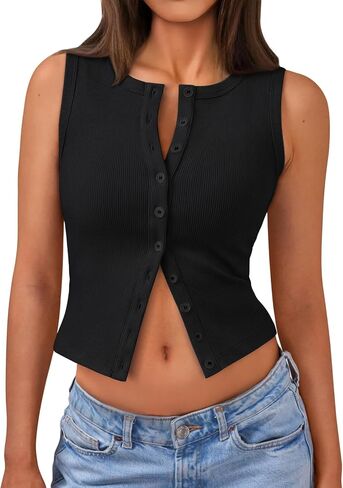 Trendy Queen Womens Ribbed Button Down Sleeveless Shirts Summer Going Out Cropped Tank Top in Kuwait
