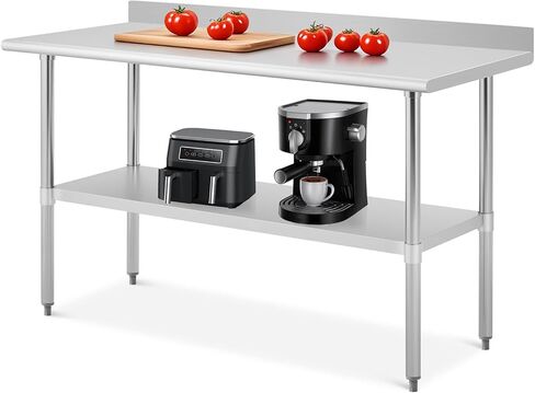 طاولة إعداد من الفولاذ المقاوم للصدأ بطبقتين، طاولة عمل مطبخ معدنية شديدة التحمل معتمدة من NSF مقاس 60 × 24 بوصة مع رف قابل للتعديل، سعة 900 رطل، طاولة عمل تجارية للفنادق والمطاعم in Kuwait