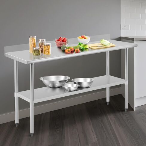 طاولة إعداد من الفولاذ المقاوم للصدأ بطبقتين، طاولة عمل مطبخ معدنية شديدة التحمل معتمدة من NSF مقاس 60 × 24 بوصة مع رف قابل للتعديل، سعة 900 رطل، طاولة عمل تجارية للفنادق والمطاعم in Kuwait