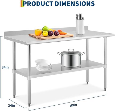 طاولة إعداد من الفولاذ المقاوم للصدأ بطبقتين، طاولة عمل مطبخ معدنية شديدة التحمل معتمدة من NSF مقاس 60 × 24 بوصة مع رف قابل للتعديل، سعة 900 رطل، طاولة عمل تجارية للفنادق والمطاعم in Kuwait