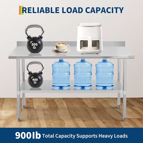 طاولة إعداد من الفولاذ المقاوم للصدأ بطبقتين، طاولة عمل مطبخ معدنية شديدة التحمل معتمدة من NSF مقاس 60 × 24 بوصة مع رف قابل للتعديل، سعة 900 رطل، طاولة عمل تجارية للفنادق والمطاعم in Kuwait