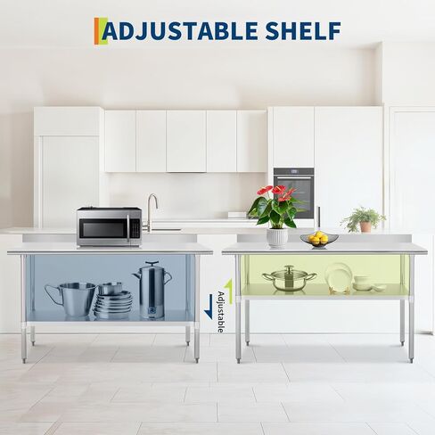 طاولة إعداد من الفولاذ المقاوم للصدأ بطبقتين، طاولة عمل مطبخ معدنية شديدة التحمل معتمدة من NSF مقاس 60 × 24 بوصة مع رف قابل للتعديل، سعة 900 رطل، طاولة عمل تجارية للفنادق والمطاعم in Kuwait