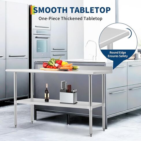 طاولة إعداد من الفولاذ المقاوم للصدأ بطبقتين، طاولة عمل مطبخ معدنية شديدة التحمل معتمدة من NSF مقاس 60 × 24 بوصة مع رف قابل للتعديل، سعة 900 رطل، طاولة عمل تجارية للفنادق والمطاعم in Kuwait