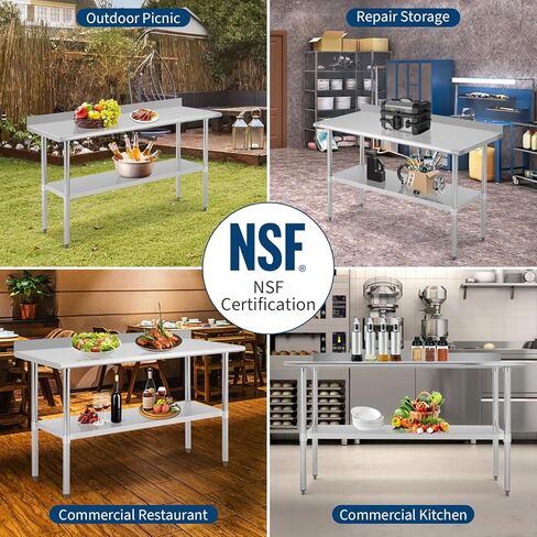 طاولة إعداد من الفولاذ المقاوم للصدأ بطبقتين، طاولة عمل مطبخ معدنية شديدة التحمل معتمدة من NSF مقاس 60 × 24 بوصة مع رف قابل للتعديل، سعة 900 رطل، طاولة عمل تجارية للفنادق والمطاعم in Kuwait