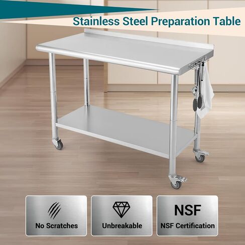 طاولة إعداد من الفولاذ المقاوم للصدأ مقاس 30 × 24 بوصة، طاولة عمل تجارية NSF مع رف سفلي قابل للتعديل، باكسبلاش وخطافات، للمطاعم والمطابخ وغرف الغسيل in Kuwait