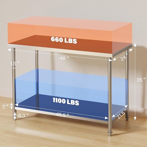 Stainless Steel Table 48" x 24" Commercial Prep Work Table with Adjustable Undershelf, 2 Tier Metal Table for Restaurant, Home, Kitchen, Garages and Outdoor in Kuwait