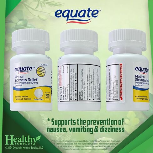 Healthy Surplus Equate Fast-Acting Motion Sickness 100 Tablets 50 mg Dimenhydrinate and Vital Volumes Tips Card Bundle in Kuwait