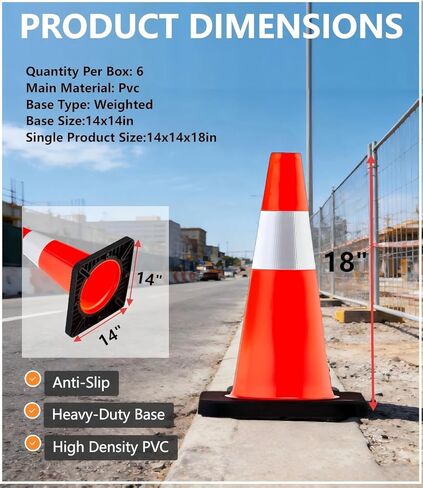 6 Pack 18 Inch Traffic Cones with Heavy Duty Base & Reflective Collars, Orange Safety Cones, High Flexible PVC for Road, Parking Lot, Construction Work, Sports Training in Saudi Arabia
