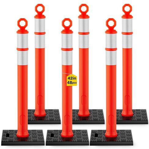 [6 Pack] HiGiant 42'' Traffic Delineator Posts with Reflective Strips, Orange Delineator Post Cones for Parking Lots, Construction Zones, Road Closures in Kuwait