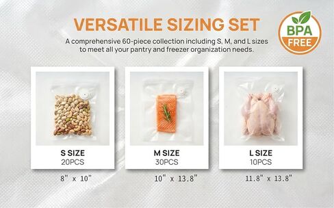 Vacuum Sealer Bags for Food, 60 Pcs (S+M+L) 8" x 10" and 10" x 13.8" and 11.8" x 13.8" Food Storage Bags for Sous Vide Cooking Microwave Heating, Air Valve Zipper Bags in Saudi Arabia