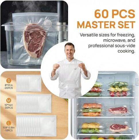 Vacuum Sealer Bags for Food, 60 Pcs (S+M+L) 8" x 10" and 10" x 13.8" and 11.8" x 13.8" Food Storage Bags for Sous Vide Cooking Microwave Heating, Air Valve Zipper Bags in Saudi Arabia