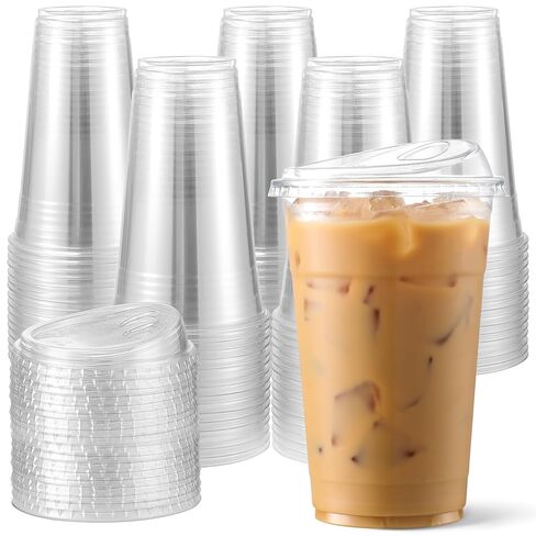 AOZITA 100 Pack 16 oz Plastic Cups With Strawless Sip-Lids, Iced Coffee Cups With Lids BPA Free, Disposable Clear Cups, To Go Cups for Smoothies, Party Drinks, Bubble Tea, Cold Beverage in Saudi Arabia