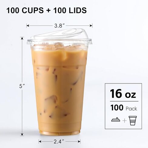 AOZITA 100 Pack 16 oz Plastic Cups With Strawless Sip-Lids, Iced Coffee Cups With Lids BPA Free, Disposable Clear Cups, To Go Cups for Smoothies, Party Drinks, Bubble Tea, Cold Beverage in Saudi Arabia
