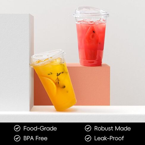 AOZITA 100 Pack 16 oz Plastic Cups With Strawless Sip-Lids, Iced Coffee Cups With Lids BPA Free, Disposable Clear Cups, To Go Cups for Smoothies, Party Drinks, Bubble Tea, Cold Beverage in Saudi Arabia