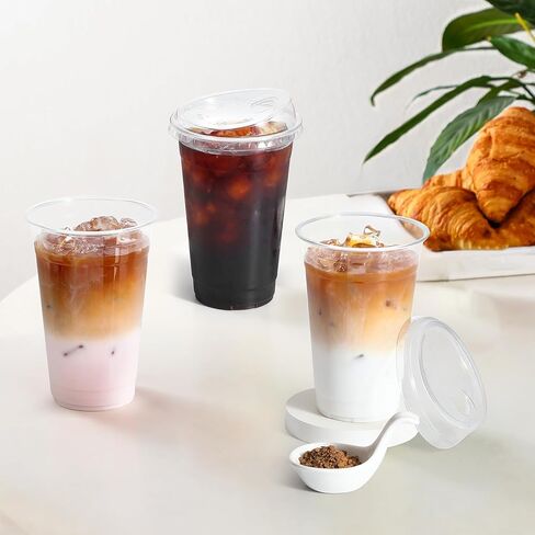 AOZITA 100 Pack 16 oz Plastic Cups With Strawless Sip-Lids, Iced Coffee Cups With Lids BPA Free, Disposable Clear Cups, To Go Cups for Smoothies, Party Drinks, Bubble Tea, Cold Beverage in Saudi Arabia
