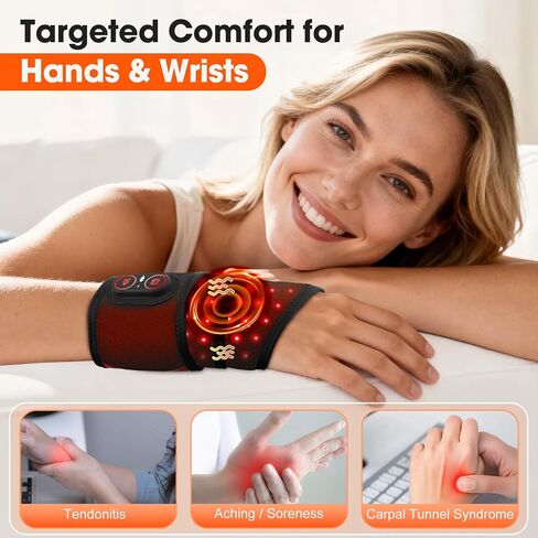 Cordless Wrist Hand Heating Pad Massage for Carpal Tunnel, with Red Light, Hand Arthritis, Wrist Pain Relief, Heat Wrap Pad with 3000mAh Battery, Wrist Massager Vibration and Adjustable Heat Settings in Kuwait