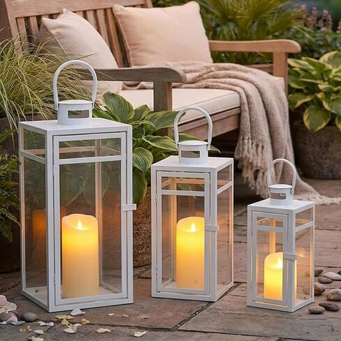 TRIROCKS Vintage Hanging Lantern - 13.5'' Decorative Metal & Tempered Glass Candle Holder - Ideal for Indoor/Outdoor Events, Patio, Garden, Parties - Elegant Design with White & Gold Brush Finish in Kuwait