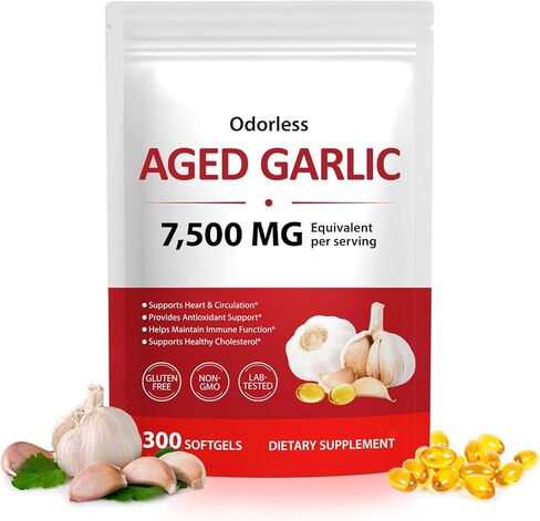Odorless Aged Garlic Extract 7500mg Equivalent, 500mg per Serving, 300 Softgels – Aged Garlic Supplement for Heart Health, Immune Support & Antioxidant – Non-GMO, Gluten-Free, Stomach-Friendly in Saudi Arabia