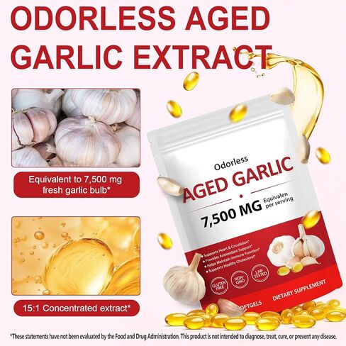 Odorless Aged Garlic Extract 7500mg Equivalent, 500mg per Serving, 300 Softgels – Aged Garlic Supplement for Heart Health, Immune Support & Antioxidant – Non-GMO, Gluten-Free, Stomach-Friendly in Saudi Arabia
