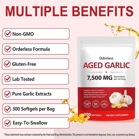 Odorless Aged Garlic Extract 7500mg Equivalent, 500mg per Serving, 300 Softgels – Aged Garlic Supplement for Heart Health, Immune Support & Antioxidant – Non-GMO, Gluten-Free, Stomach-Friendly in Saudi Arabia