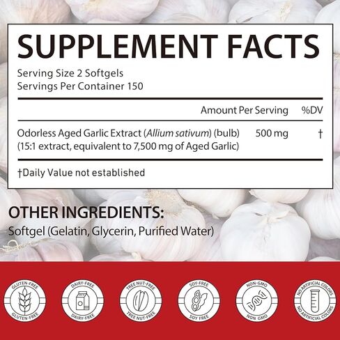 Odorless Aged Garlic Extract 7500mg Equivalent, 500mg per Serving, 300 Softgels – Aged Garlic Supplement for Heart Health, Immune Support & Antioxidant – Non-GMO, Gluten-Free, Stomach-Friendly in Saudi Arabia