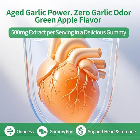 Odorless Aged Garlic Extract Gummies,7500mg Garlic,2 Years Aged Garlic Extract,Grown Allium Sativum Bulb,Potent Antioxidant Supplement,Immune Support,Heart Health,Green Apple Flavor in Kuwait