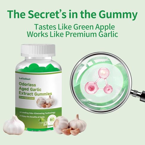 Odorless Aged Garlic Extract Gummies,7500mg Garlic,2 Years Aged Garlic Extract,Grown Allium Sativum Bulb,Potent Antioxidant Supplement,Immune Support,Heart Health,Green Apple Flavor in Kuwait