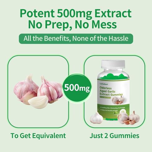 Odorless Aged Garlic Extract Gummies,7500mg Garlic,2 Years Aged Garlic Extract,Grown Allium Sativum Bulb,Potent Antioxidant Supplement,Immune Support,Heart Health,Green Apple Flavor in Kuwait
