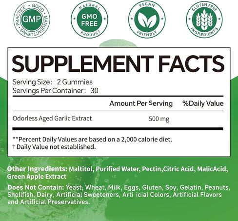 Odorless Aged Garlic Extract Gummies,7500mg Garlic,2 Years Aged Garlic Extract,Grown Allium Sativum Bulb,Potent Antioxidant Supplement,Immune Support,Heart Health,Green Apple Flavor in Kuwait
