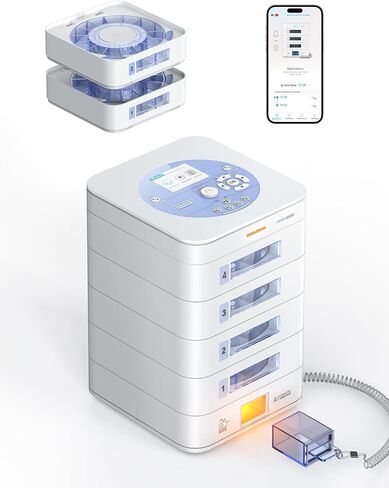 موزع حبوب الدواء التلقائي لمدة 56 يومًا (1X) (صينية قابلة للتوسيع) - إعداد التطبيق وعلى الجهاز حسب العائلة، شاشة LCD، قفل رقمي، تنبيهات الصوت والضوء - منظم أدوية آمن لكبار السن الذين يعانون من الخرف (4-صينية، أبيض) in Kuwait