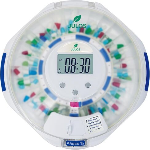 JULOS 28-Day Automatic Pill Dispenser with Audio & Visual Alerts for Elderly, up to 6 Alarms/Day, Easy-Read LCD Display, 9 Dosage Templates, Lock Medicine Dispenser for Medication, Vitamins, Clear Lid in Saudi Arabia
