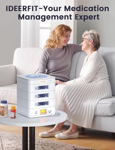 موزع حبوب الدواء التلقائي لمدة 56 يومًا (1X) (صينية قابلة للتوسيع) - إعداد التطبيق وعلى الجهاز حسب العائلة، شاشة LCD، قفل رقمي، تنبيهات الصوت والضوء - منظم أدوية آمن لكبار السن الذين يعانون من الخرف (4-صينية، أبيض) in Kuwait