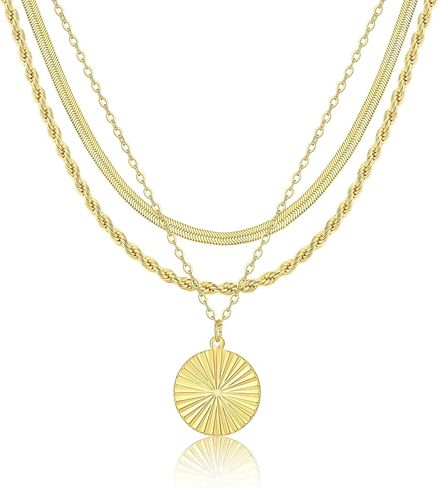 Layered Silver Necklaces for Women, Sterling Silver Stackable Stack Choker Necklaces Trendy Real Gold Plated Layering Disc Circle Pendant Chain Dainty Necklace Set Jewelry for Women in Saudi Arabia