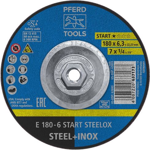 عجلة طحن PFERD START STEELOX من النوع 27، 7 بوصة × 1/4 بوصة × 7/8 بوصة، أكسيد الألومنيوم - لمطاحن الزوايا - تستخدم على الفولاذ والفولاذ المقاوم للصدأ (عبوة من 10 قطع) - الجزء 63890 in Kuwait