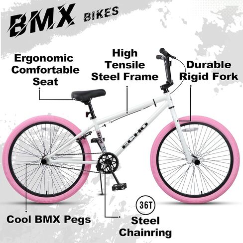 20 24 Inch Beginner BMX Bike Echo, High Tensile Steel Frame, Rear U-Brake, 4 Pegs, 85% Pre-Assembled, Unisex BMX Bicycle for Outdoor Riding in Kuwait