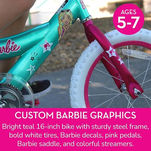Dynacraft Barbie 16-inch Girls' Bike for Kids Ages 5-7 Years - Fun and Stylish Design, Sturdy and Durable, Perfect for Kids Learning to Ride, Easy to Assemble, Ideal for Young Riders in Saudi Arabia