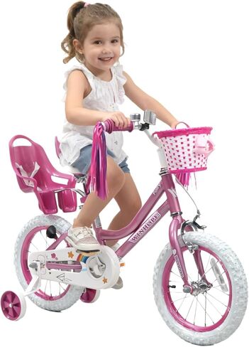 دراجة وينهوب للفتيات، دراجة أطفال مقاس 12-18 بوصة للأطفال من سن 2 إلى 9 سنوات، دراجة أطفال مبتدئين مع عجلات تدريب، مقعد دمية وسلة، أجهزة بث لركوب الخيل في الهواء الطلق، ألوان متعددة in Kuwait