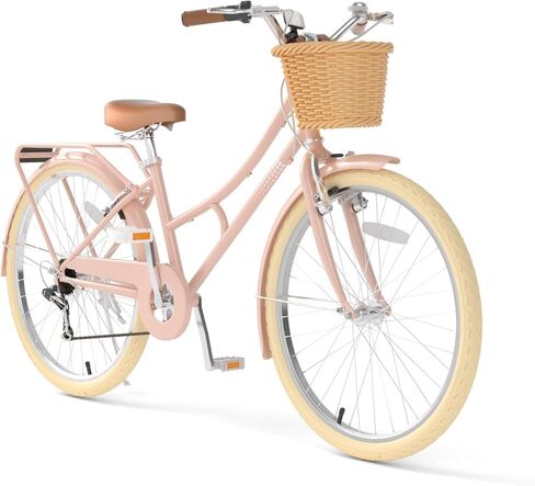 XJD 20 24 26 Inch Girls Bike, 7-Speed Beach Cruiser Bike for Girls Youth and Over 6 Years Old, Kids Bicycles with Dual V-Brakes Rear Rack & Wicker Basket in Kuwait